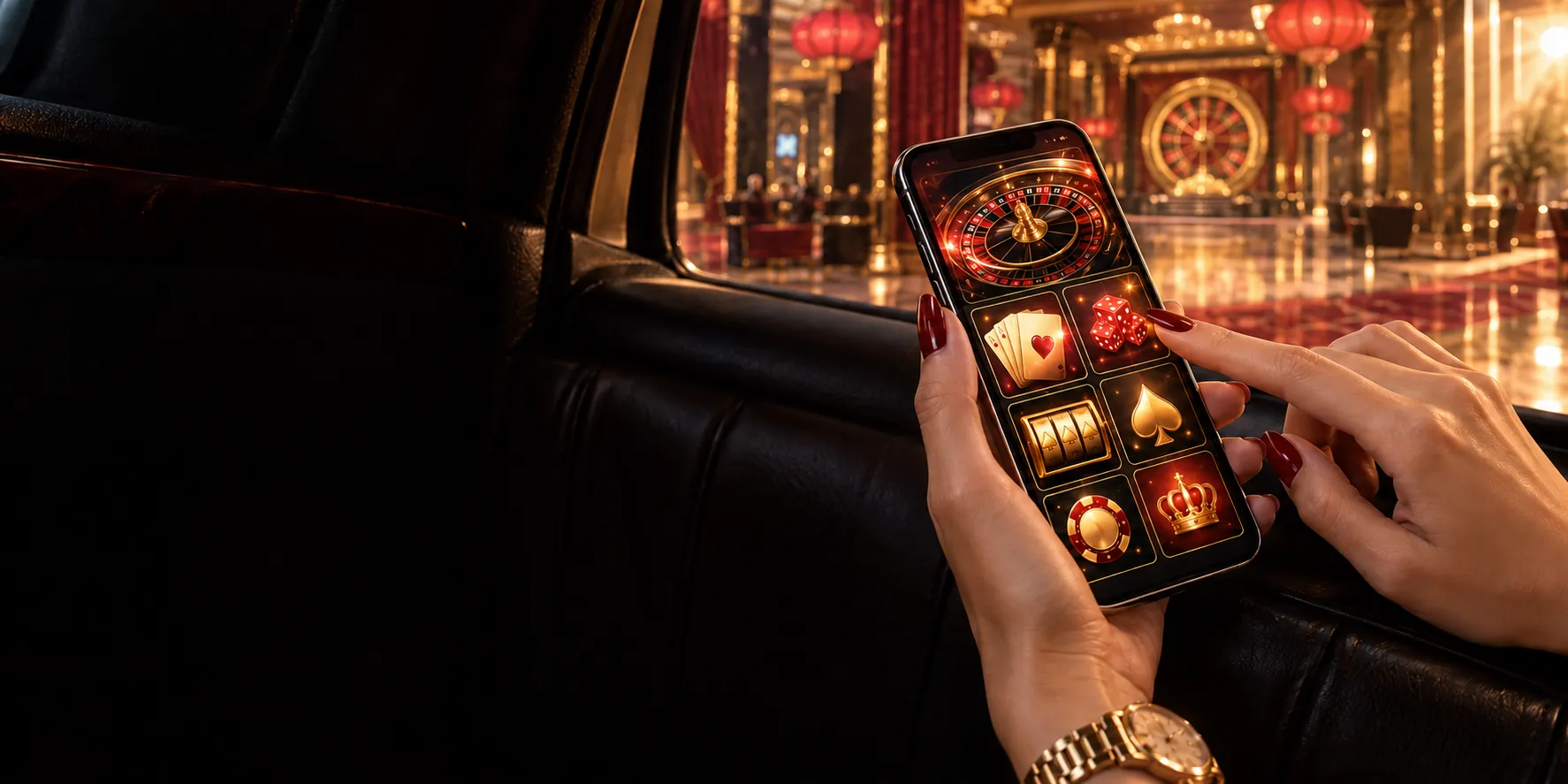 Phone showing the Here2Win Casino lobby inside a grand casino hall