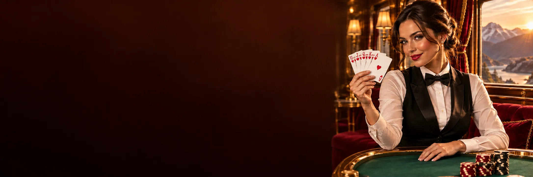 Here2Win Casino croupier fanning a royal-flush hand in a golden-lit train lounge