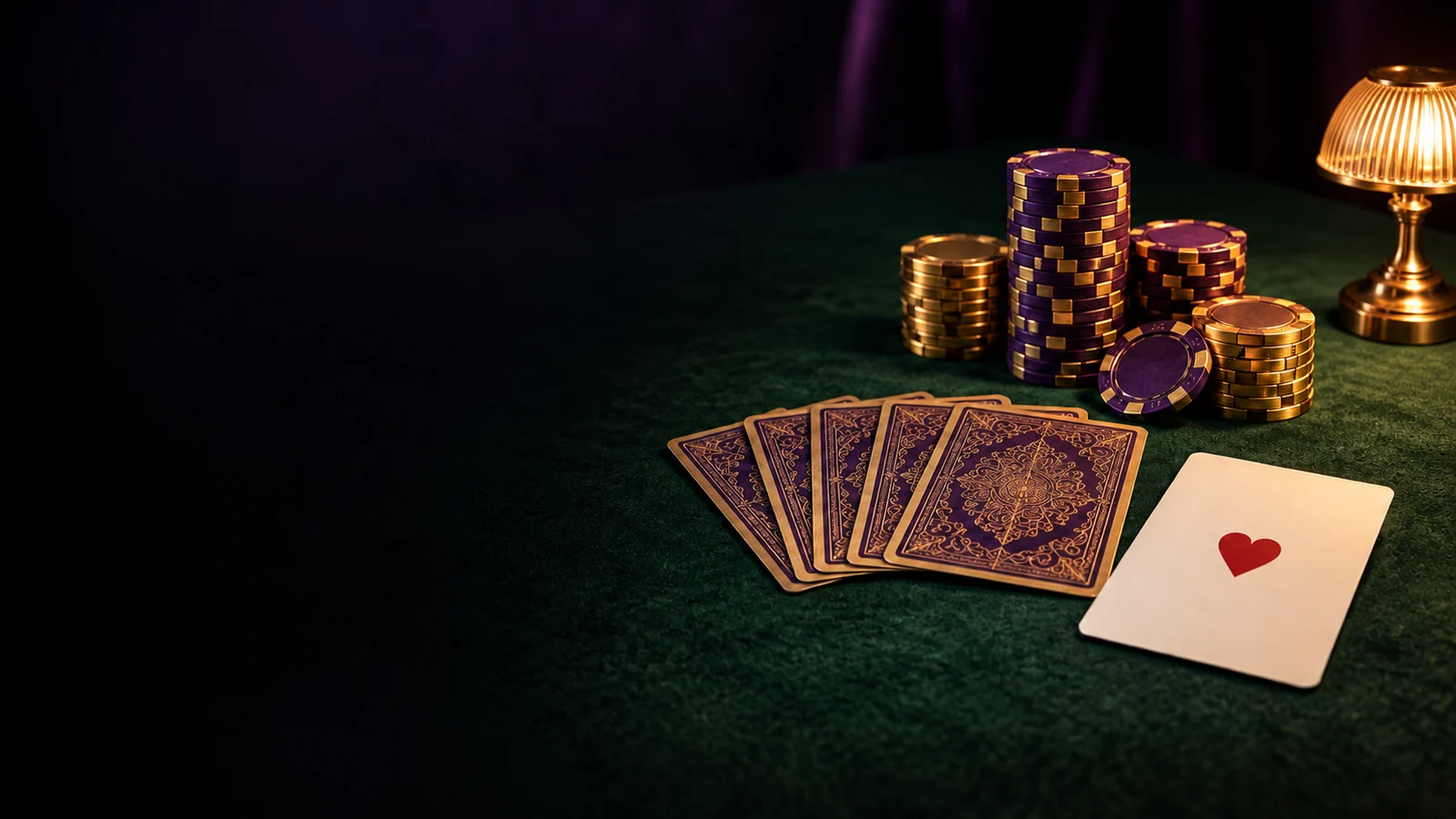 Chips and a fanned hand of cards on green felt at a Here2Win Casino table